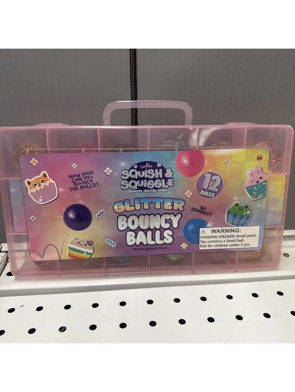 ToyMania Squish and Squiggle Glitter Bouncy balls with Carry Case 12 Balls